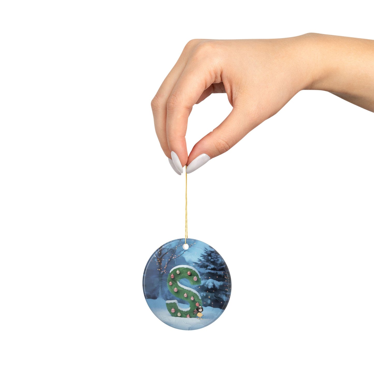 Yellow Jacket Girl Monogram Ornament | Ceramic round ornament, two-sided print | Letter S