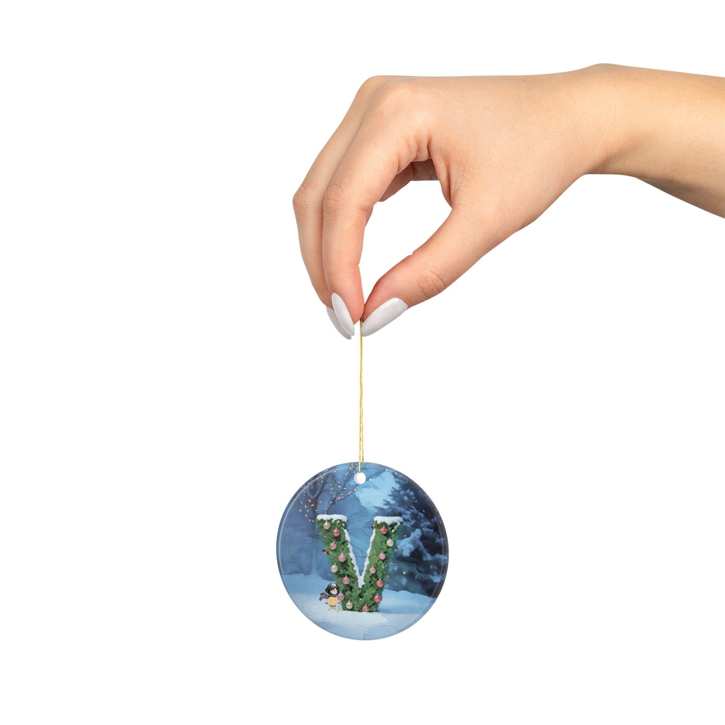 Yellow Jacket Girl Monogram Ornament | Ceramic round ornament, two-sided print | Letter V