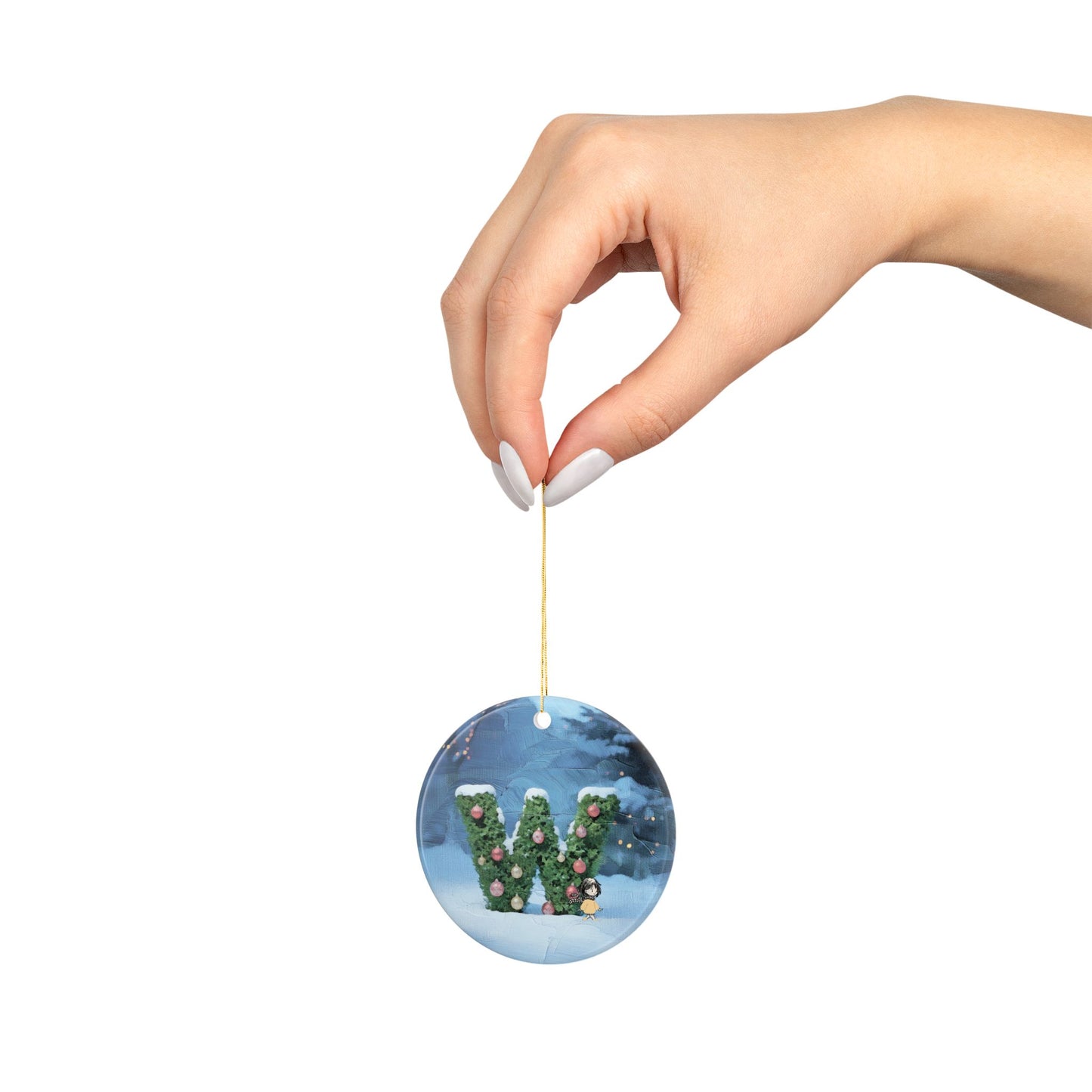 Yellow Jacket Girl Monogram Ornament | Ceramic round ornament, two-sided print | Letter W