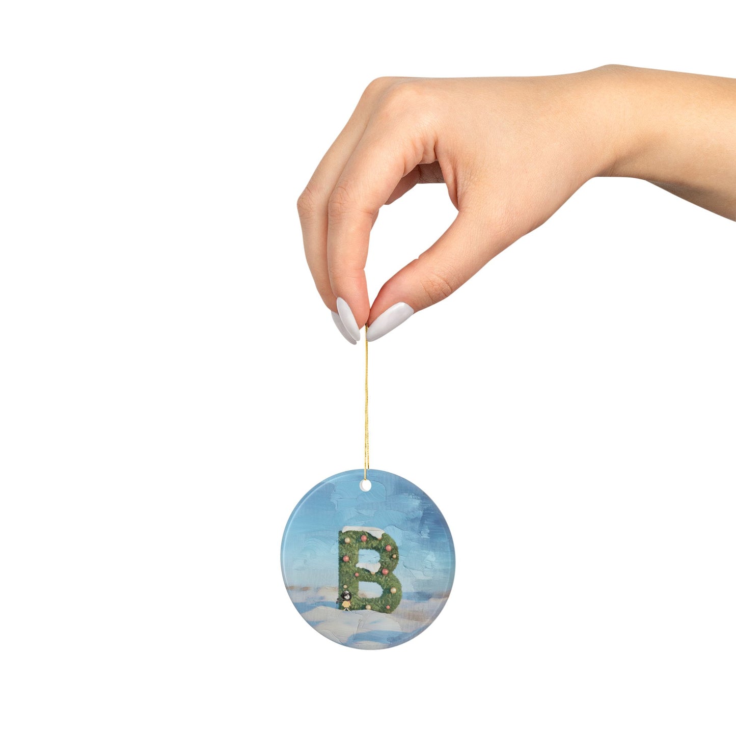 Yellow Jacket Girl Monogram Ornament | Ceramic round ornament, two-sided print | Letter B