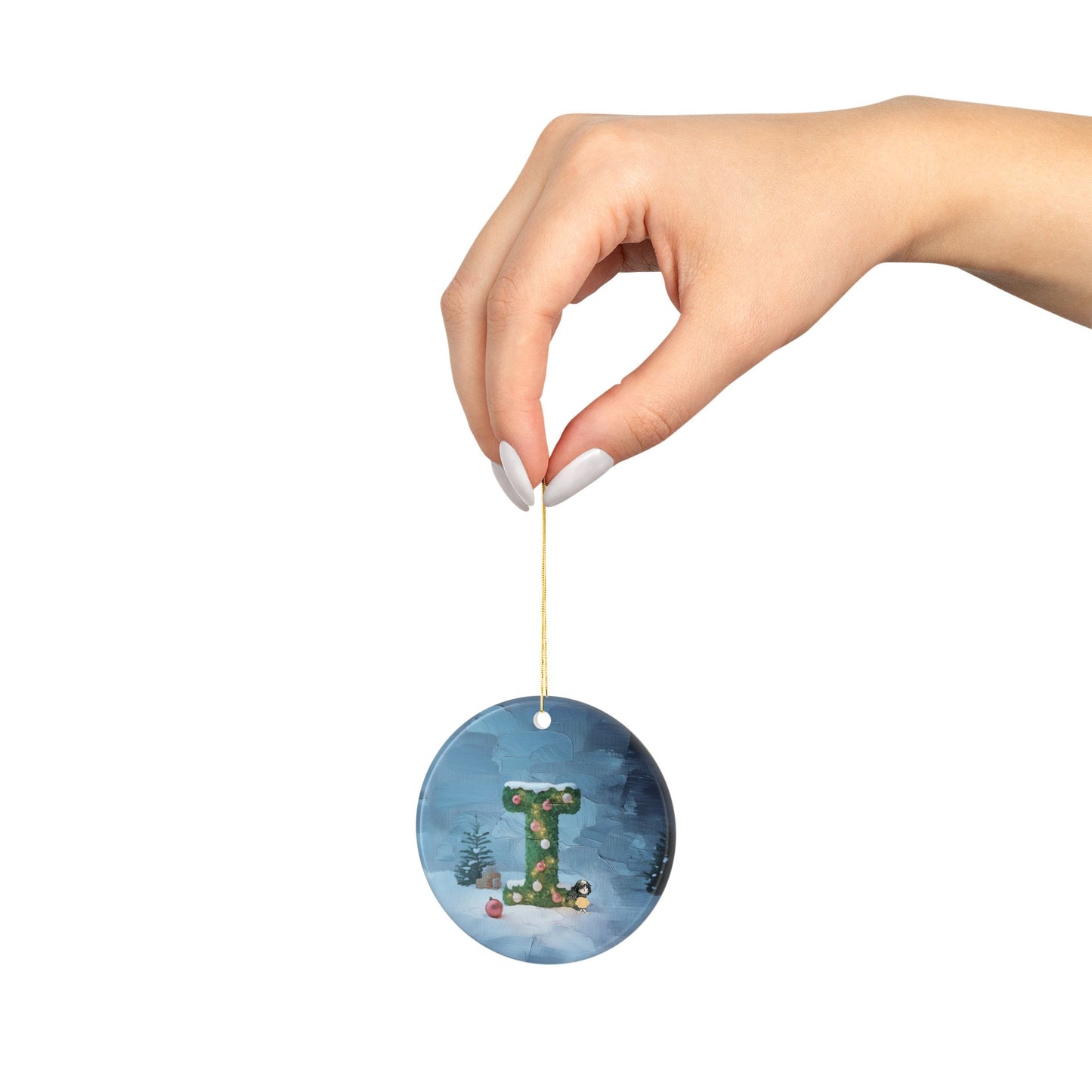 Yellow Jacket Girl Monogram Ornament | Ceramic round ornament, two-sided print | Letter I