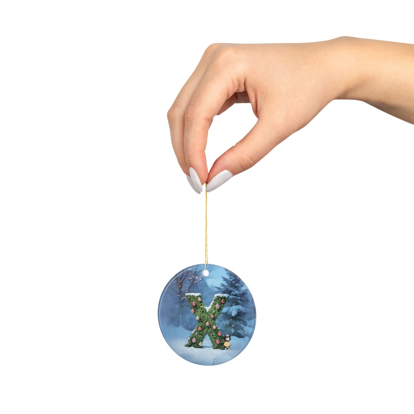 Yellow Jacket Girl Monogram Ornament | Ceramic round ornament, two-sided print | Letter X