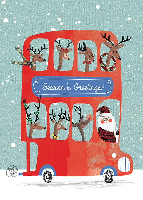 Santa Claus & Reindeer Bus Ride - Personalized Christmas Card