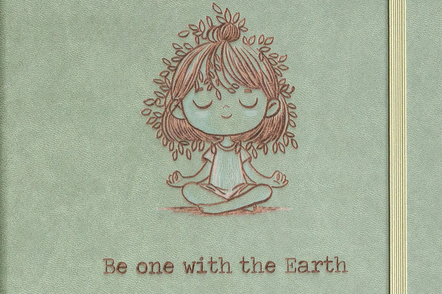 Customizable Meditation Journal featuring nature-inspired artwork by Holly Hatam, depicting a girl meditating with leaves for hair and tree-trunk textured clothing. Personalizable meditation journal with exclusive artwork, durable PU leather cover, and customizable engraving option.
