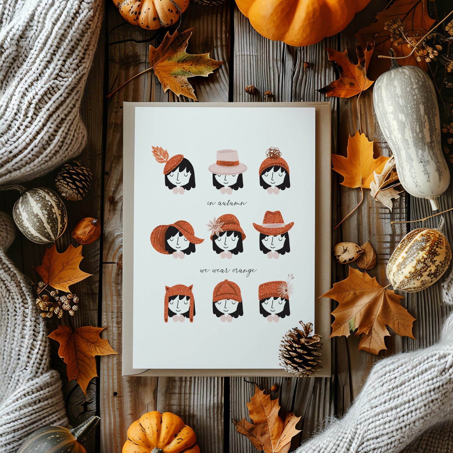 In Autumn, We Wear Orange: Fall Art Print - Autumn Hats