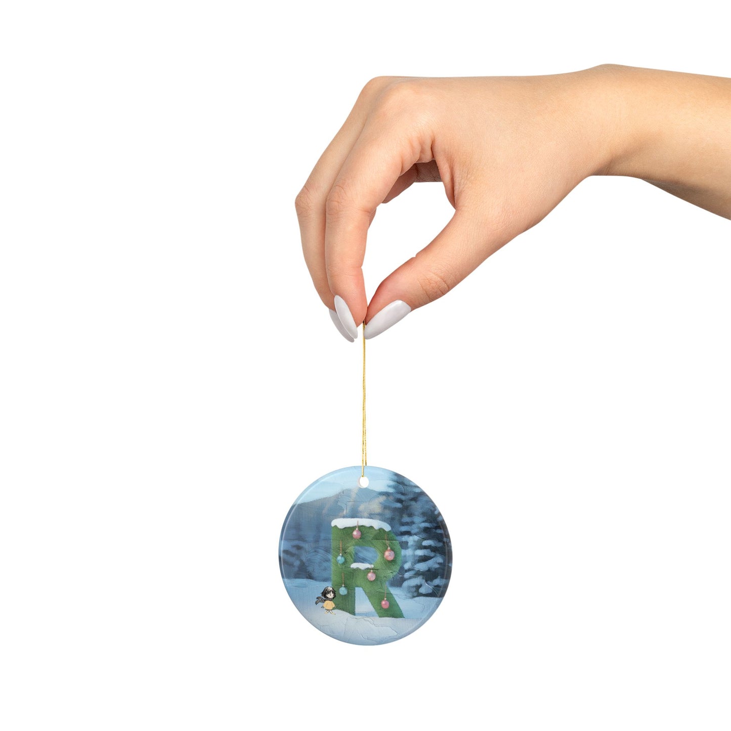 Yellow Jacket Girl Monogram Ornament | Ceramic round ornament, two-sided print | Letter R