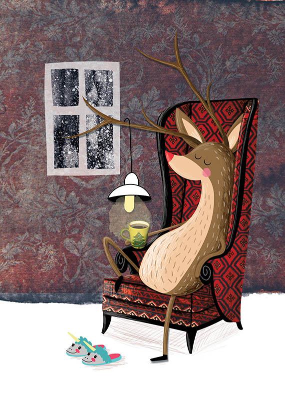 Greeting card featuring a cozy reindeer sitting in a chair with a cup of cocoa and wearing unicorn slippers, perfect for Christmas with reindeer-themed cards.