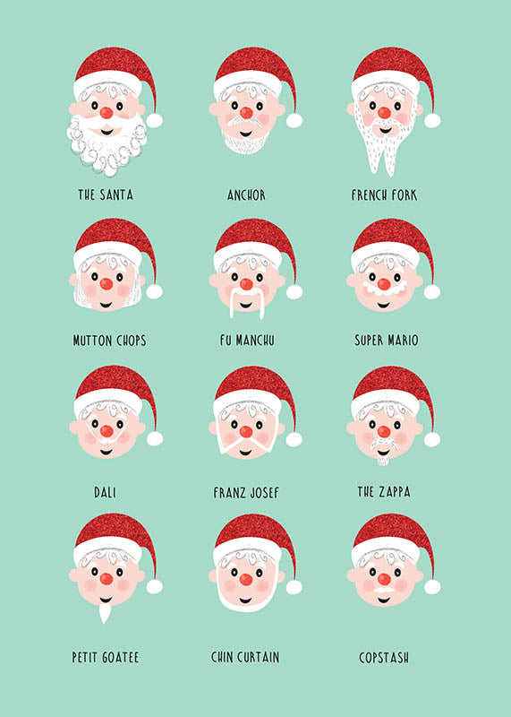 Funny Santa beard Christmas card featuring different Santa Claus beard styles like "The Santa" and "Super Mario." Perfect for sending holiday cheer with a humorous twist.