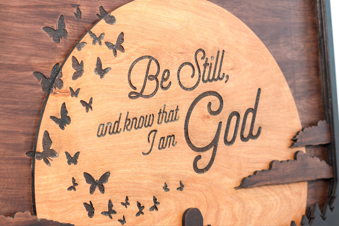 Message in the Moon personalized layered wood artwork, featuring engraved and stained wood. Customize with a Bible verse or family quote.