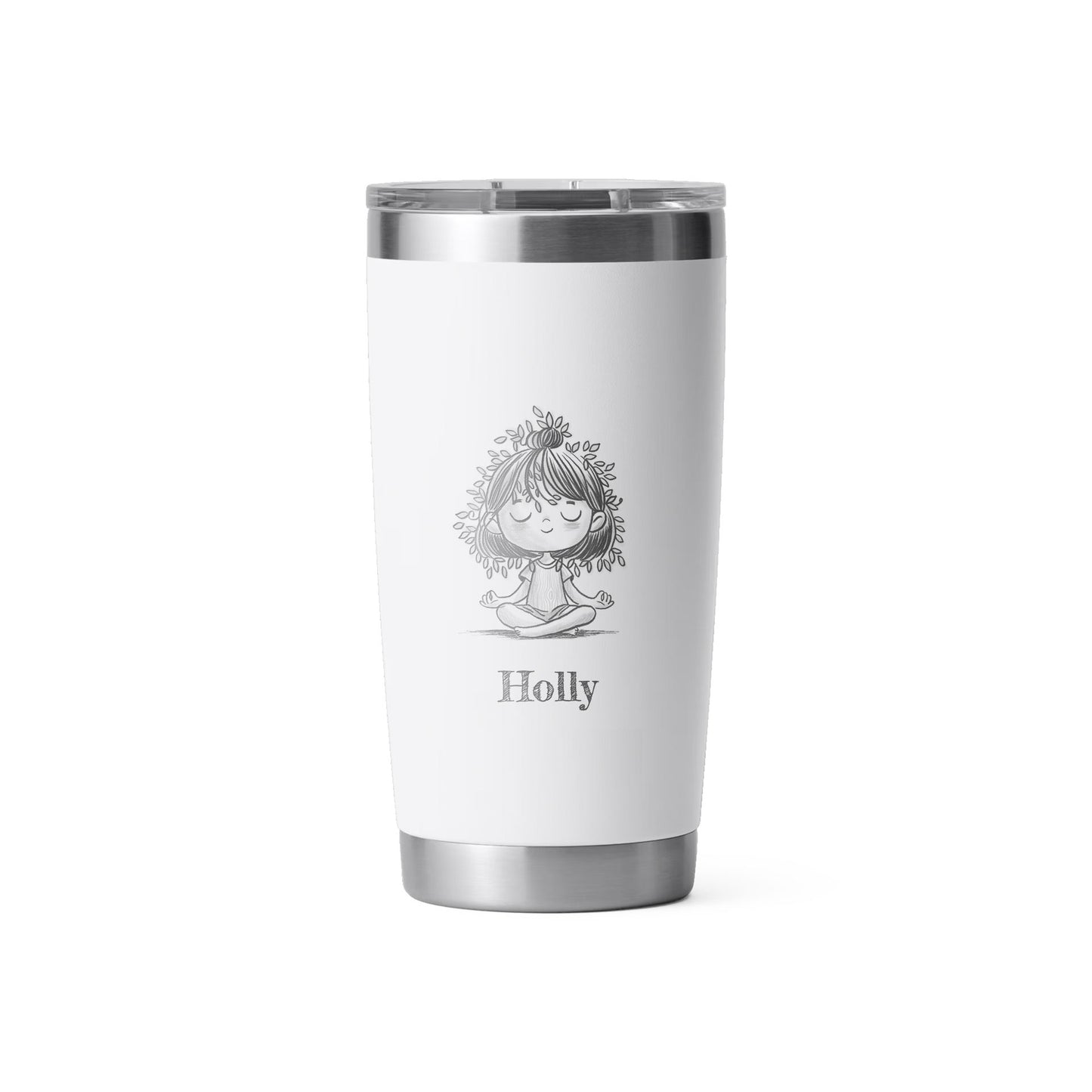 Personalized Insulated Tumbler featuring nature-inspired artwork by Holly Hatam, depicting a girl meditating with leaves for hair and tree-trunk textured clothing. Customizable insulated Yeti water bottle with a straw and handle, designed by Holly Hatam.