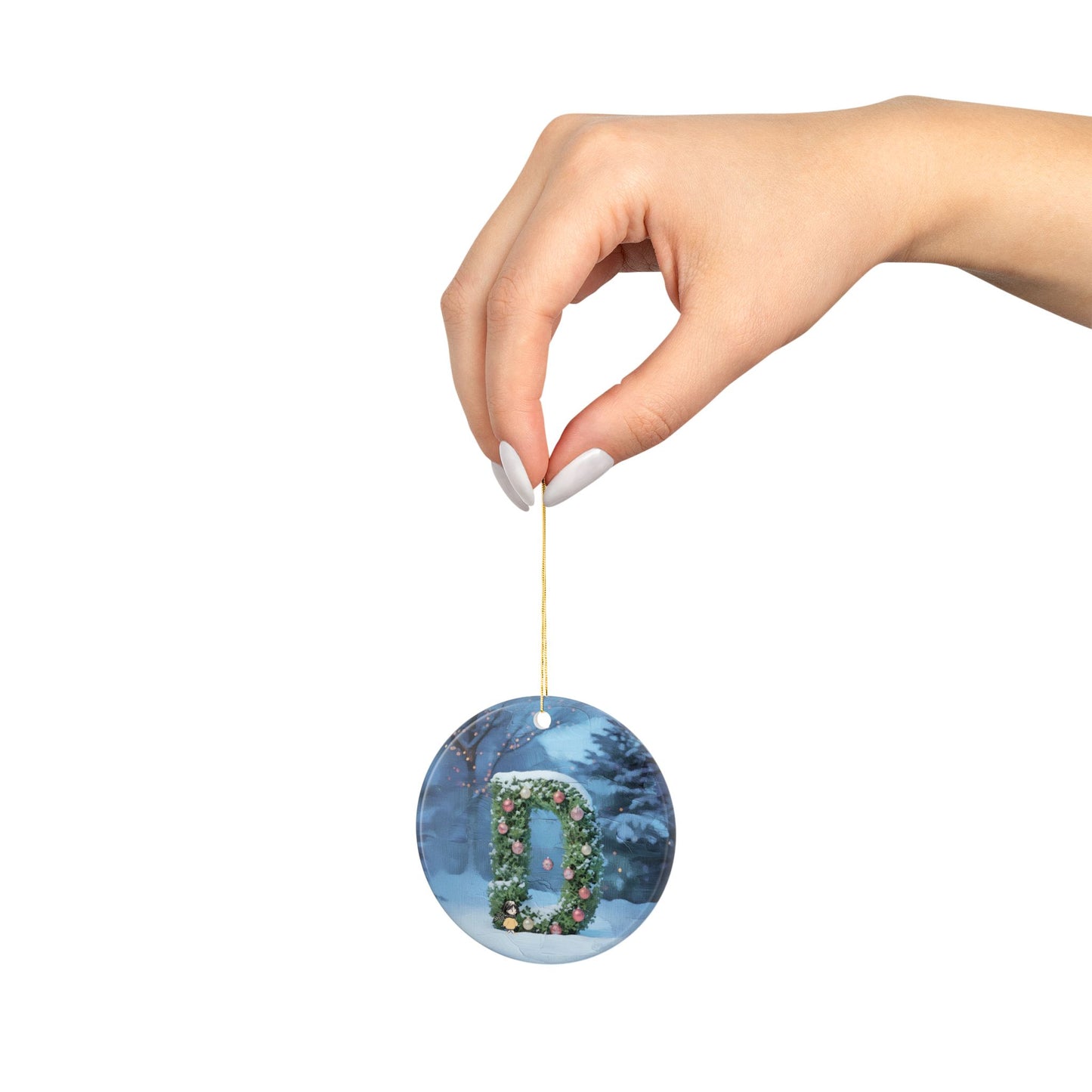 Yellow Jacket Girl Monogram Ornament | Ceramic round ornament, two-sided print | Letter D