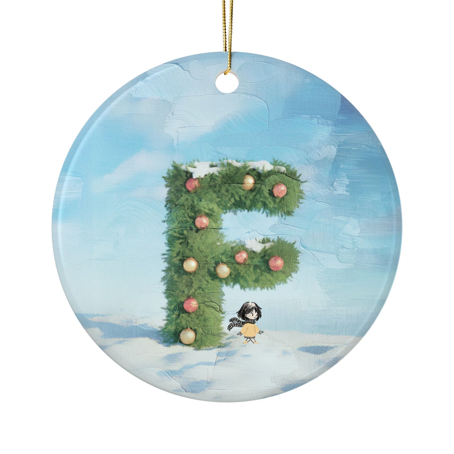 Yellow Jacket Girl Monogram Ornament | Ceramic round ornament, two-sided print | Letter F