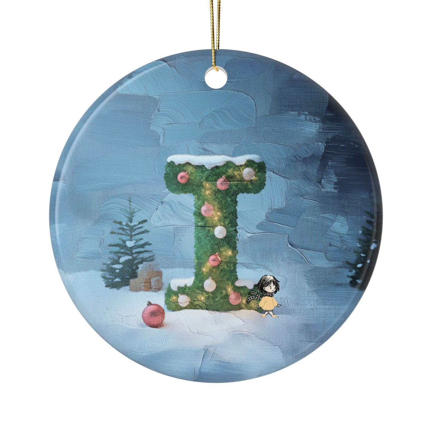 Yellow Jacket Girl Monogram Ornament | Ceramic round ornament, two-sided print | Letter I