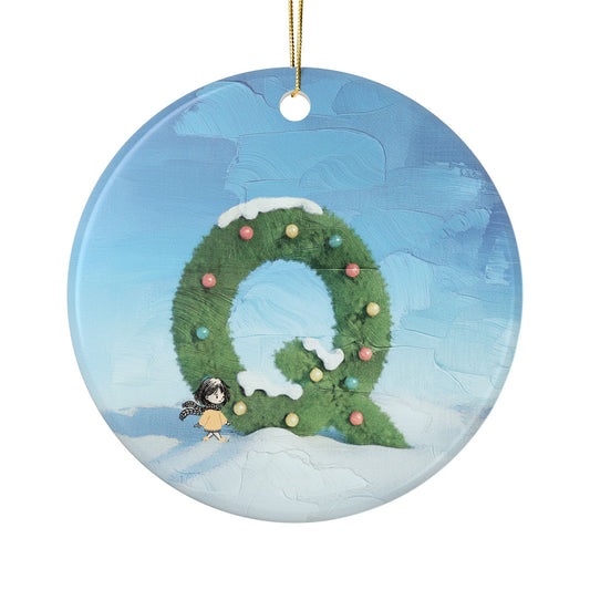 Yellow Jacket Girl Monogram Ornament | Ceramic round ornament, two-sided print | Letter Q