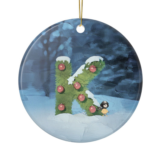 Yellow Jacket Girl Monogram Ornament | Ceramic round ornament, two-sided print | Letter K