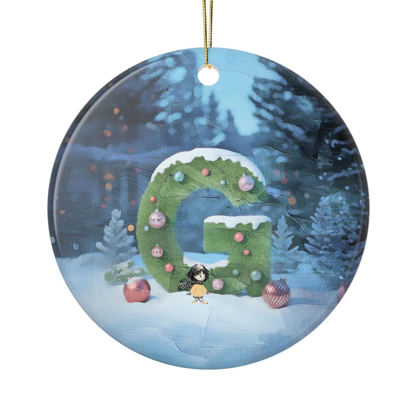 Yellow Jacket Girl Monogram Ornament | Ceramic round ornament, two-sided print | Letter G