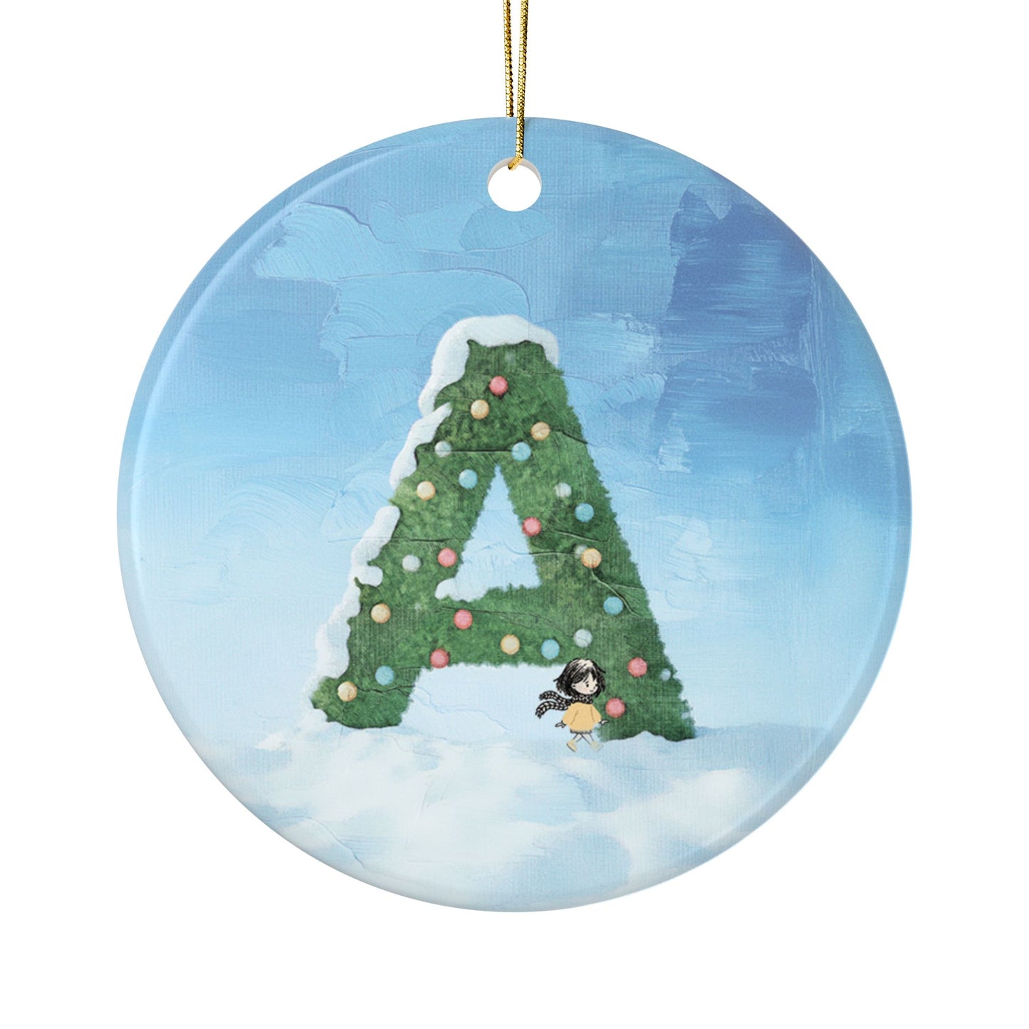 Yellow Jacket Girl Monogram Ornament | Ceramic round ornament, two-sided print | Letter A