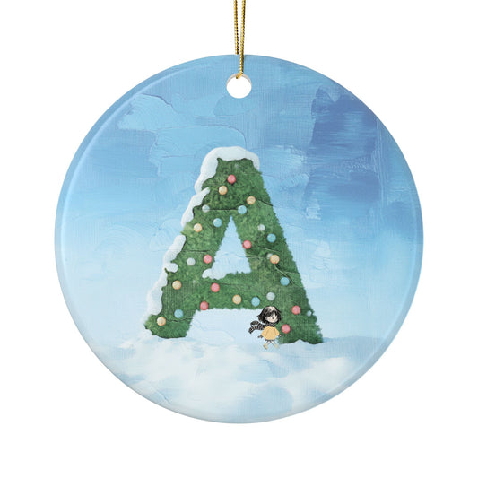 Yellow Jacket Girl Monogram Ornament | Ceramic round ornament, two-sided print | Letter A