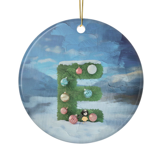 Yellow Jacket Girl Monogram Ornament | Ceramic round ornament, two-sided print | Letter E