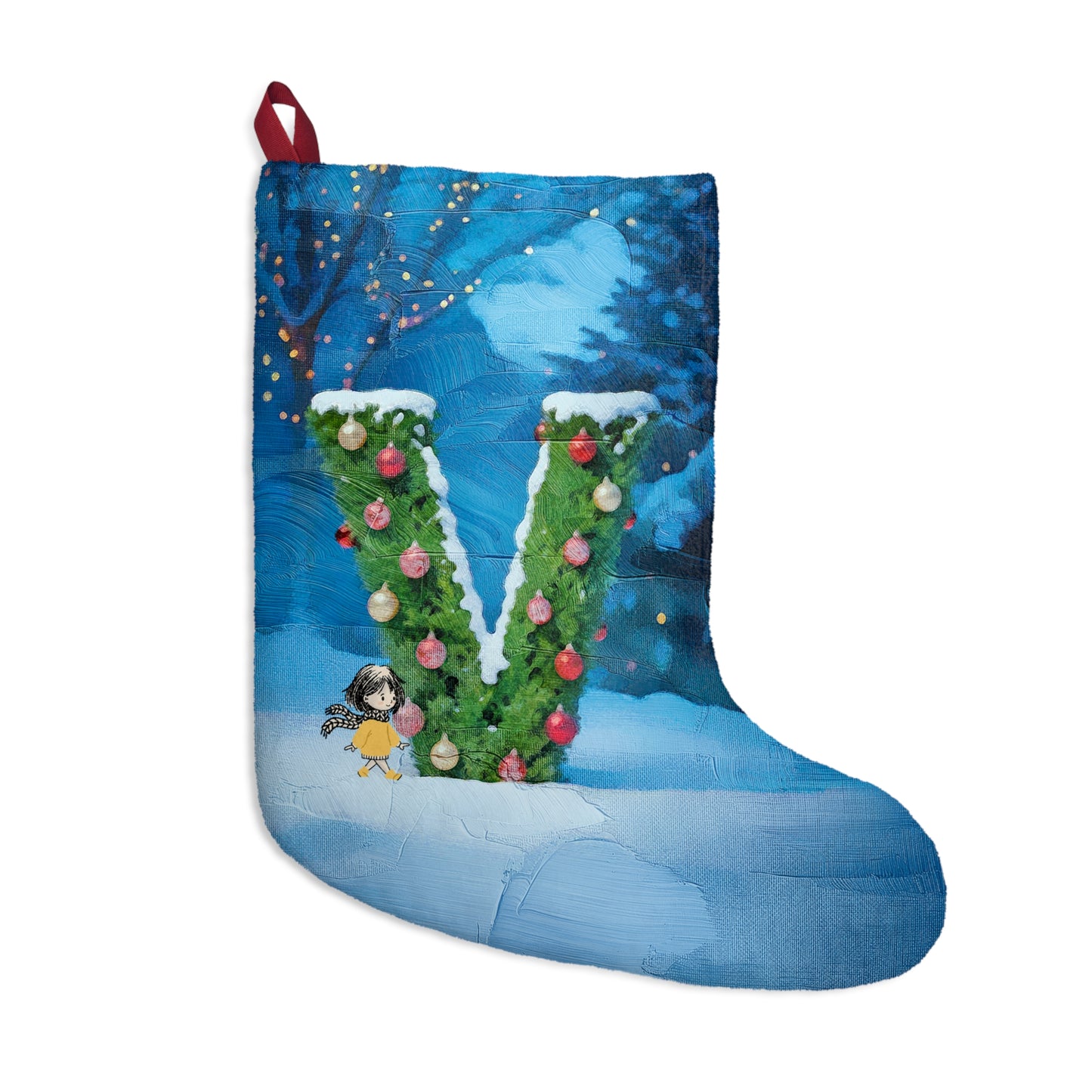 Yellow Jacket Girl Monogram Christmas Stocking | Personalized Letter Stocking | Letter V