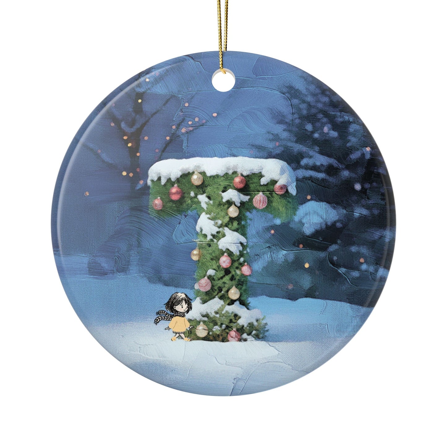 Yellow Jacket Girl Monogram Ornament | Ceramic round ornament, two-sided print | Letter T