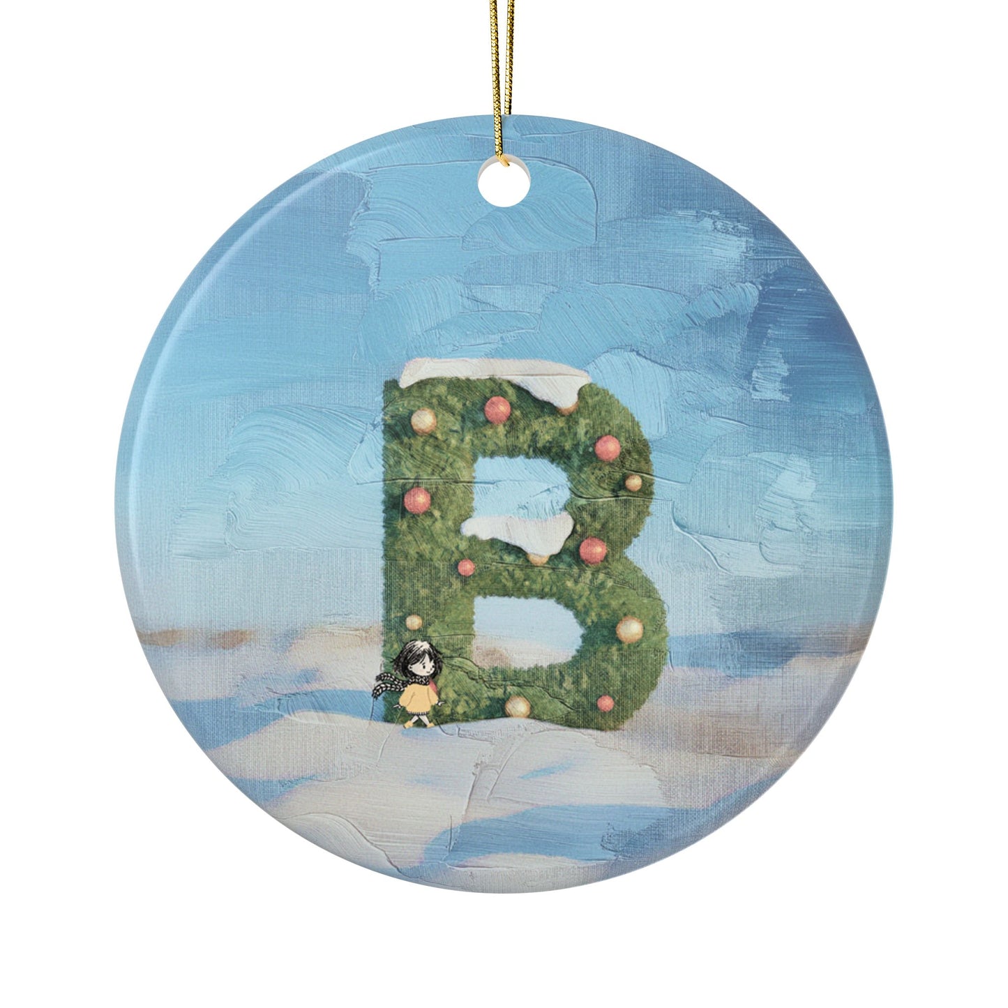 Yellow Jacket Girl Monogram Ornament | Ceramic round ornament, two-sided print | Letter B