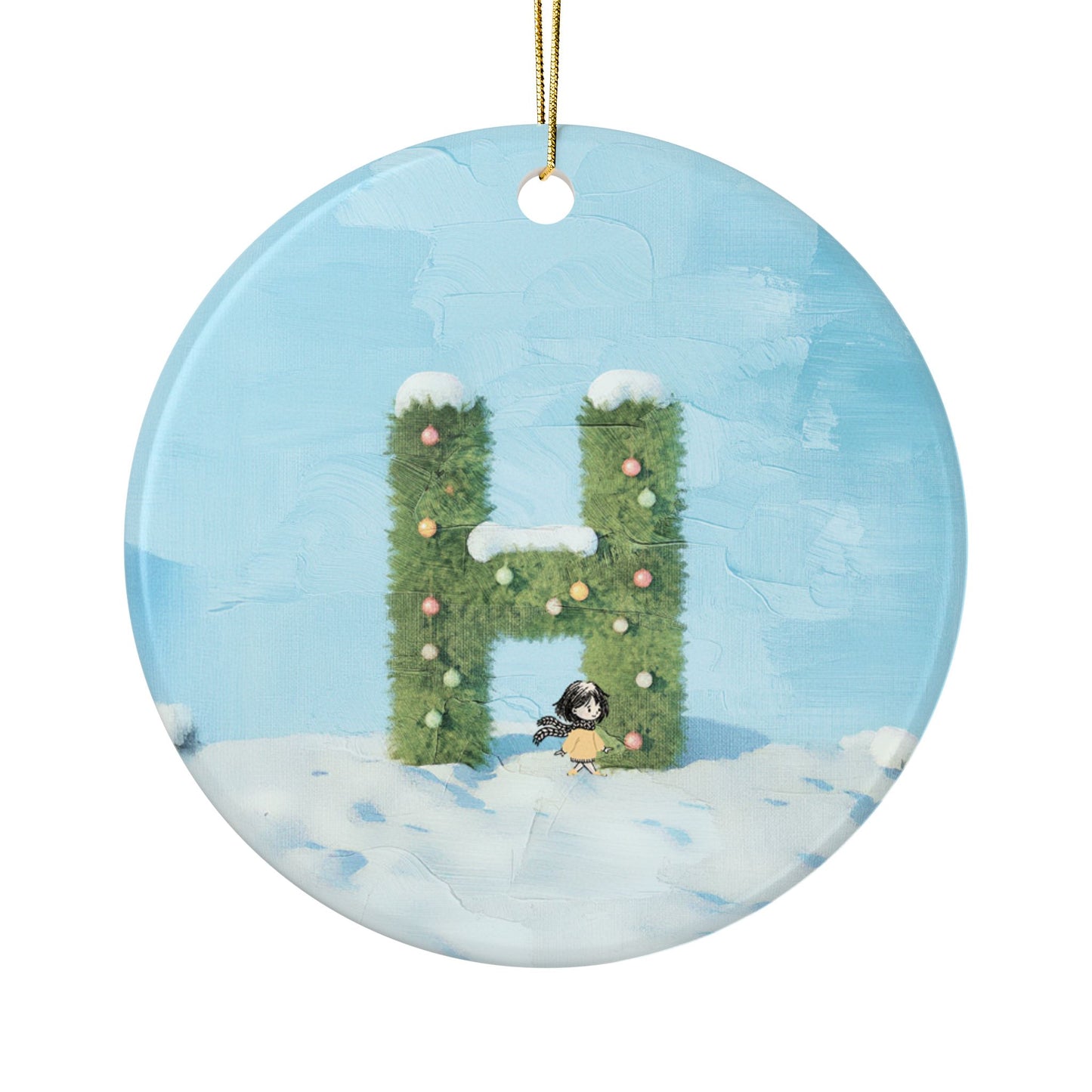 Yellow Jacket Girl Monogram Ornament | Ceramic round ornament, two-sided print | Letter H