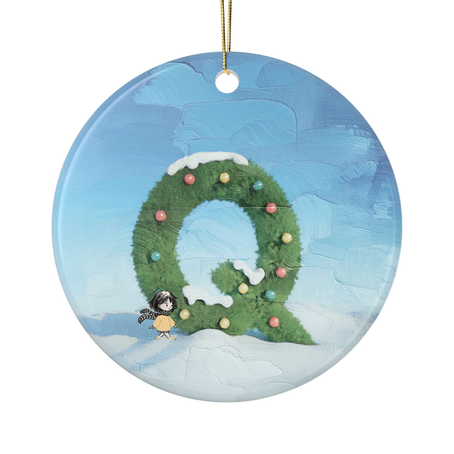 Yellow Jacket Girl Monogram Ornament | Ceramic round ornament, two-sided print | Letter Q