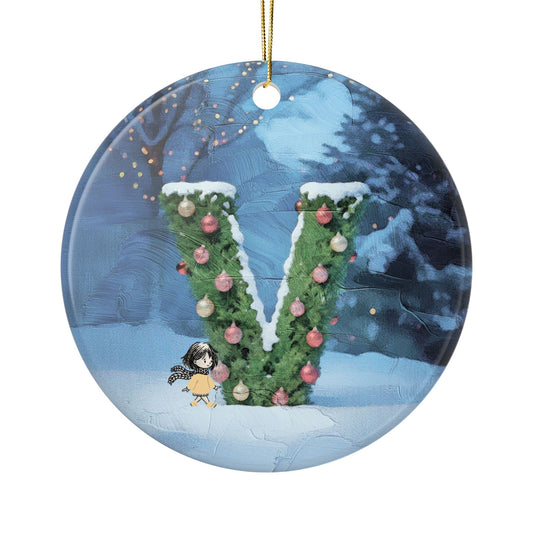 Yellow Jacket Girl Monogram Ornament | Ceramic round ornament, two-sided print | Letter V