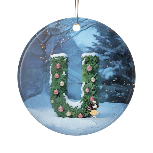 Yellow Jacket Girl Monogram Ornament | Ceramic round ornament, two-sided print | Letter U