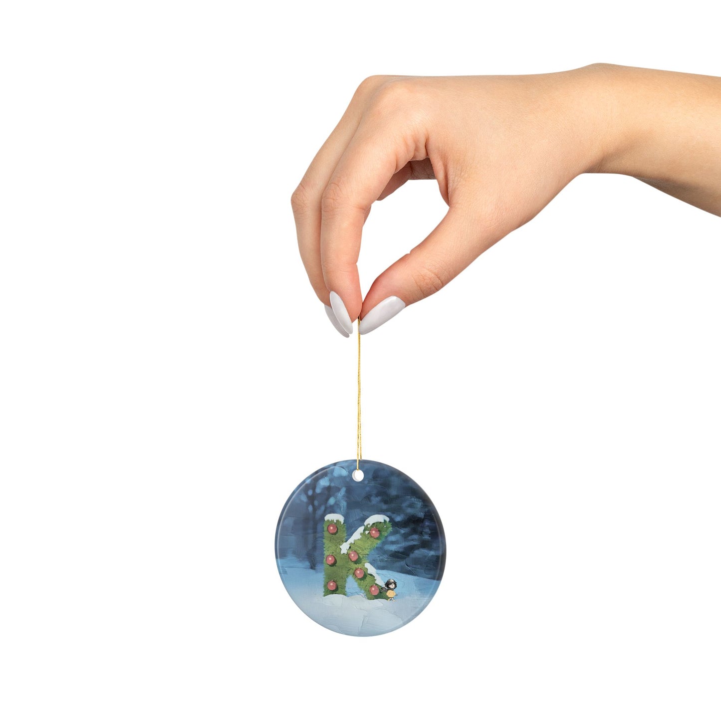 Yellow Jacket Girl Monogram Ornament | Ceramic round ornament, two-sided print | Letter K