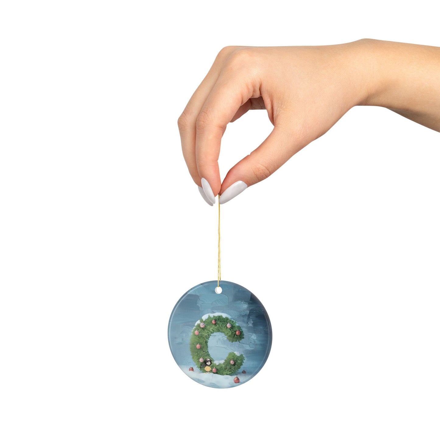 Yellow Jacket Girl Monogram Ornament | Ceramic round ornament, two-sided print | Letter C