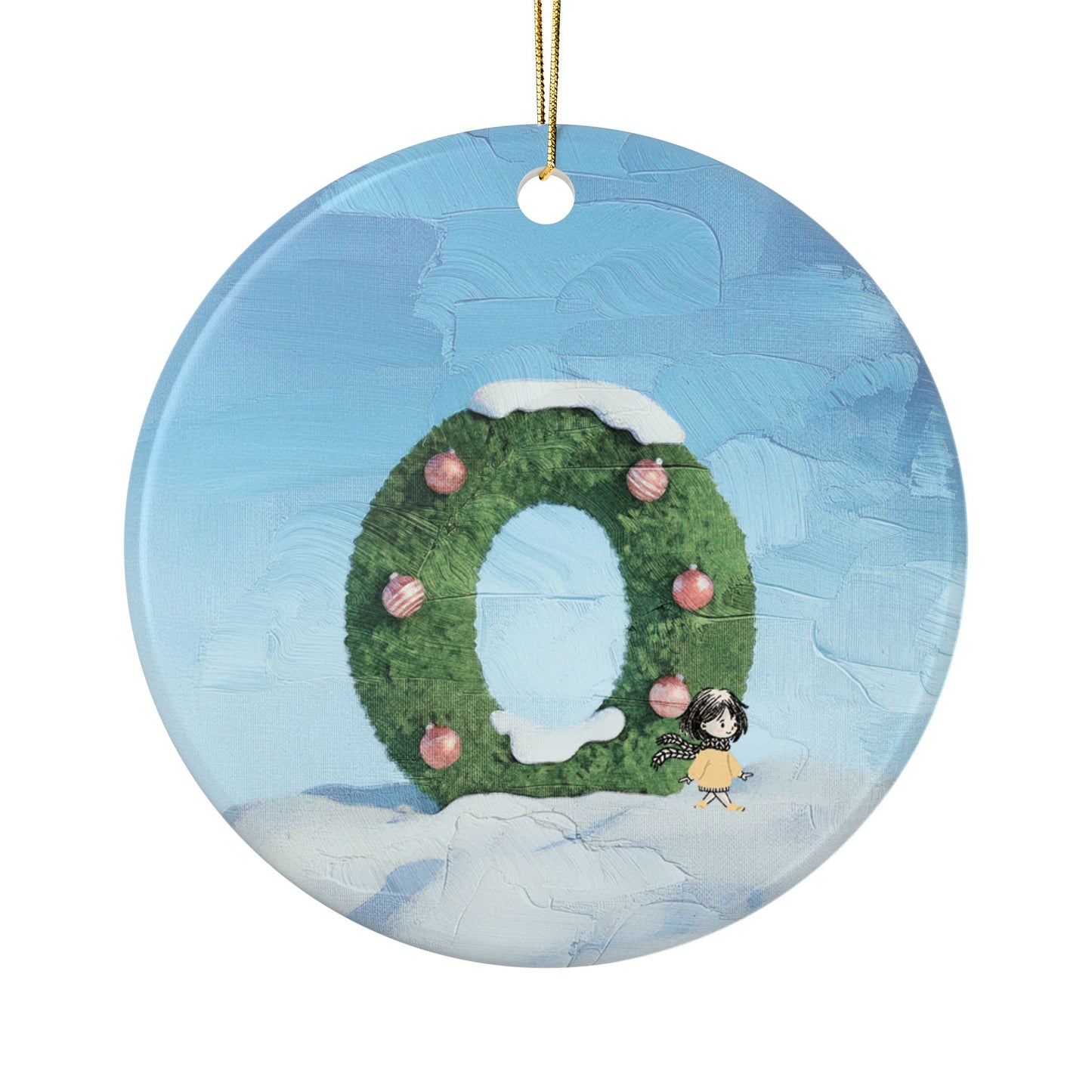 Yellow Jacket Girl Monogram Ornament | Ceramic round ornament, two-sided print | Letter O