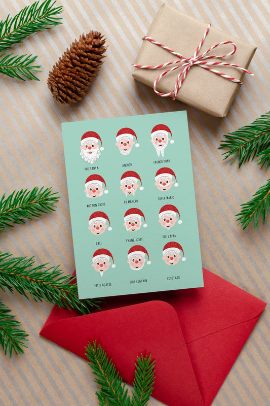 Funny Santa beard Christmas card featuring different Santa Claus beard styles like "The Santa" and "Super Mario." Perfect for sending holiday cheer with a humorous twist.