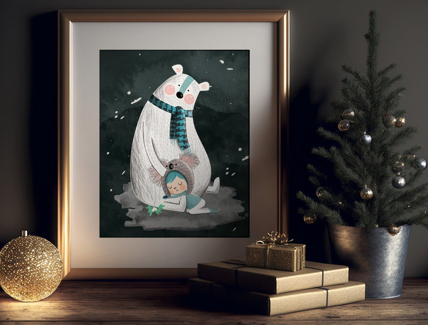 Polar Bear Cuddle - Christmas Polar Bear Art Print