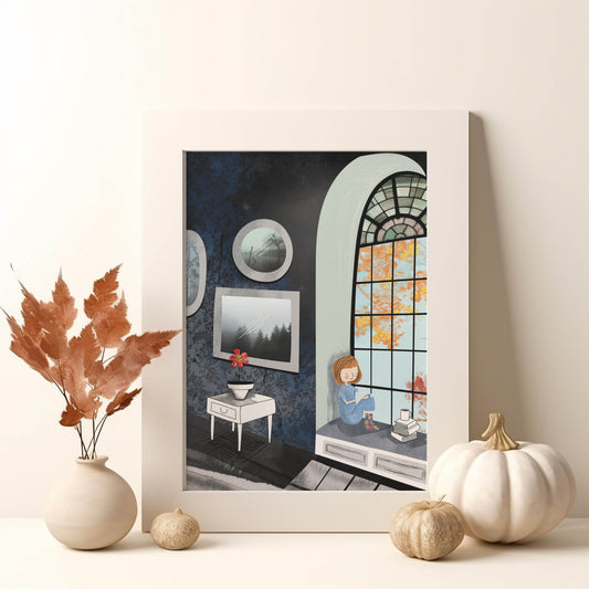 Capture the essence of a peaceful autumn day with this charming art print.