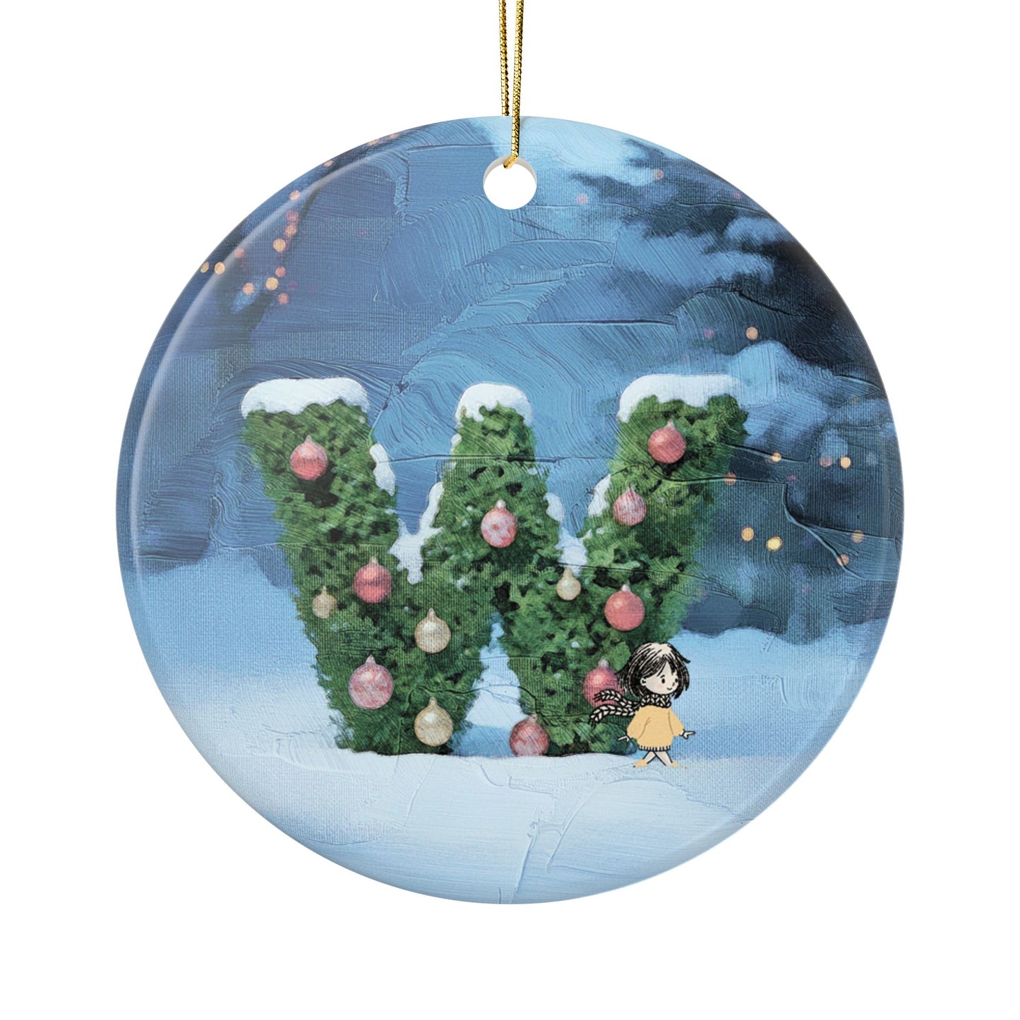 Yellow Jacket Girl Monogram Ornament | Ceramic round ornament, two-sided print | Letter W