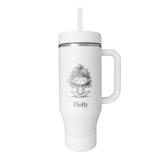 Personalized Insulated Tumbler featuring nature-inspired artwork by Holly Hatam, depicting a girl meditating with leaves for hair and tree-trunk textured clothing. Customizable insulated ThermoFlask water bottle with a straw and handle, designed by Holly Hatam.