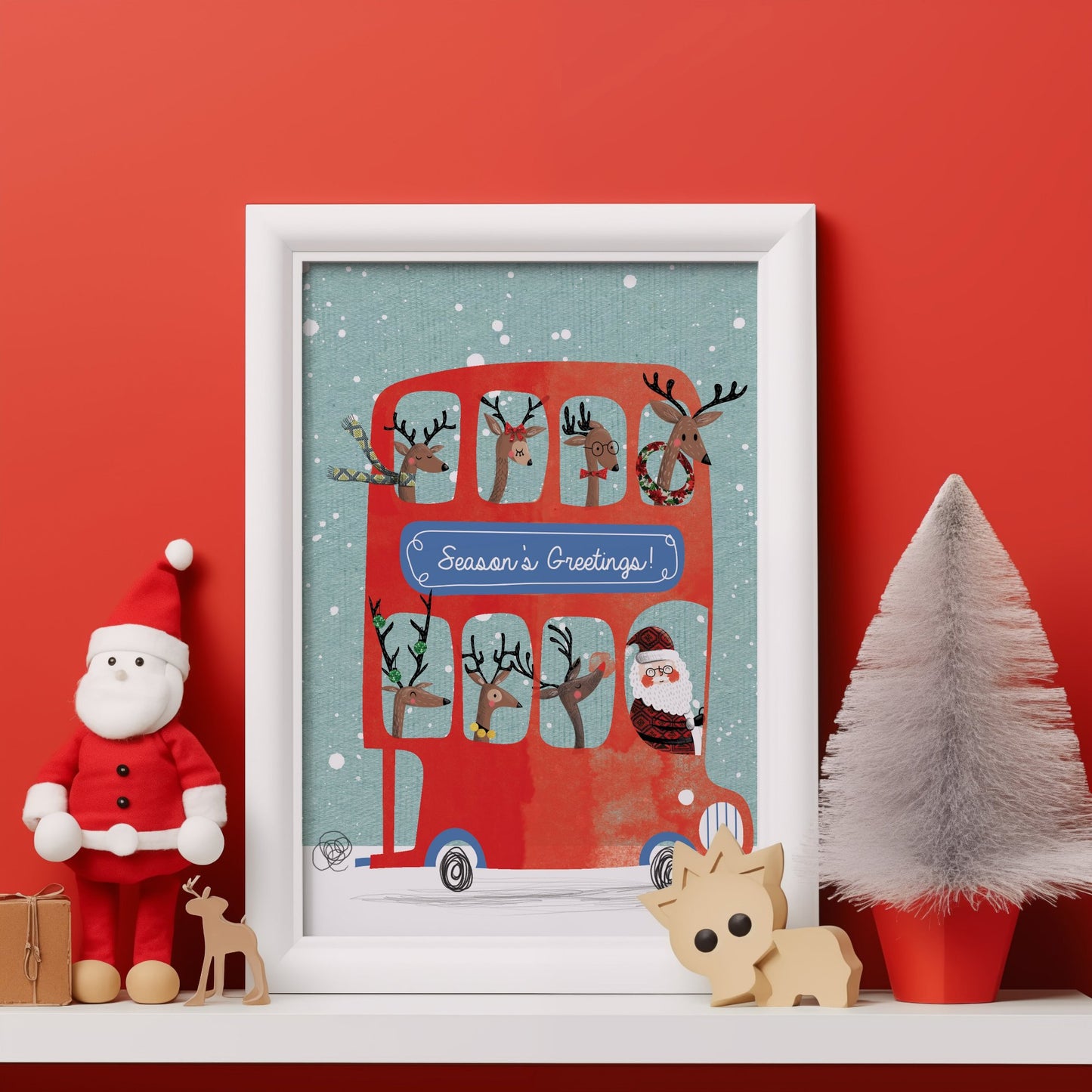 Santa Claus & Reindeer Bus Ride - Christmas Art Print