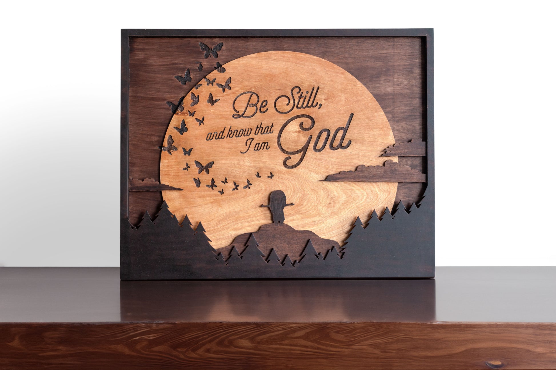 Message in the Moon personalized layered wood artwork, featuring engraved and stained wood. Customize with a Bible verse or family quote.