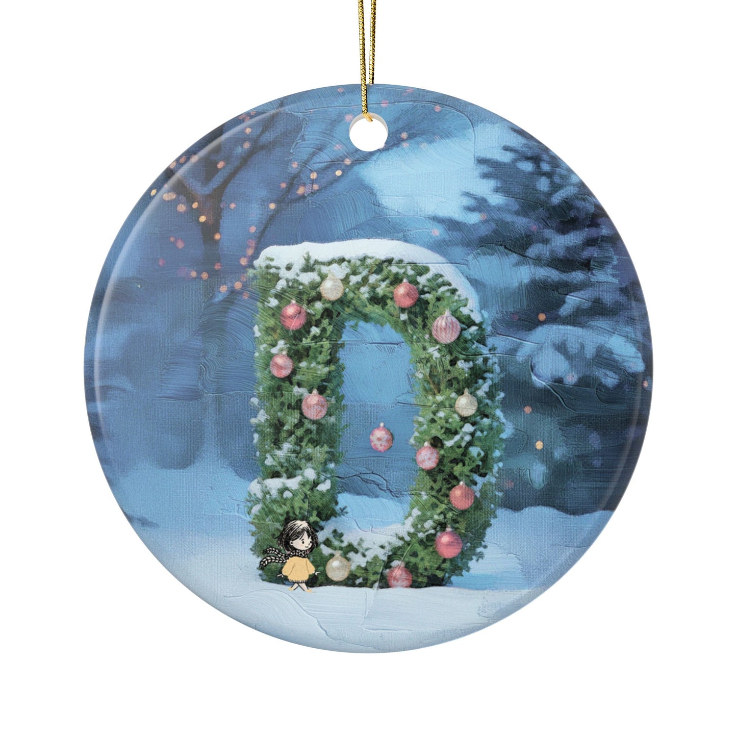 Yellow Jacket Girl Monogram Ornament | Ceramic round ornament, two-sided print | Letter D