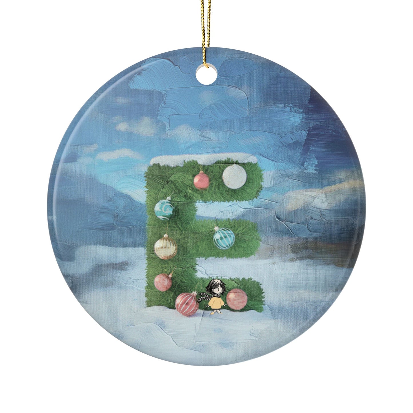 Yellow Jacket Girl Monogram Ornament | Ceramic round ornament, two-sided print | Letter E