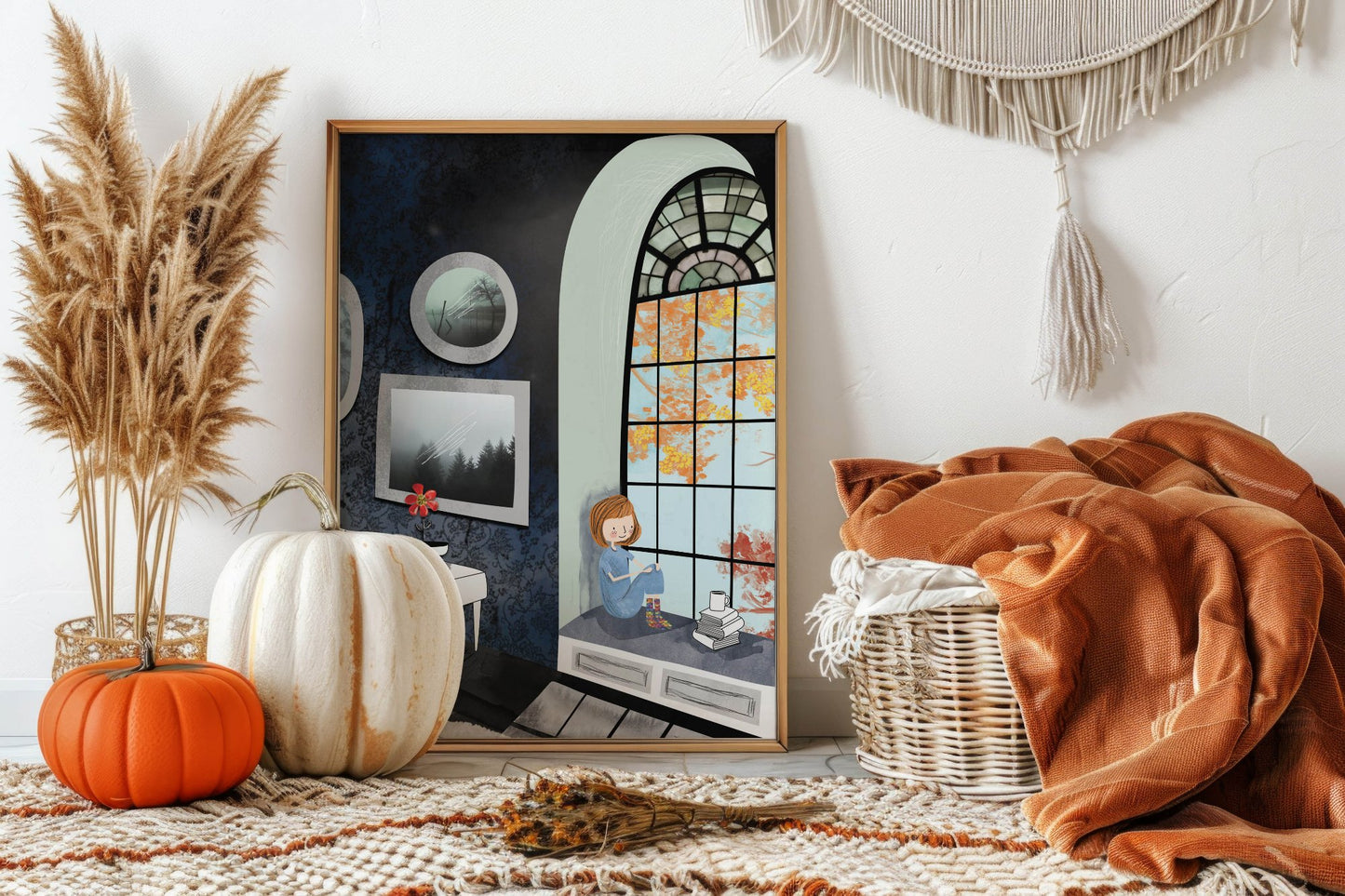 Cozy Autumn Reading Nook Art Print - Fall Decor