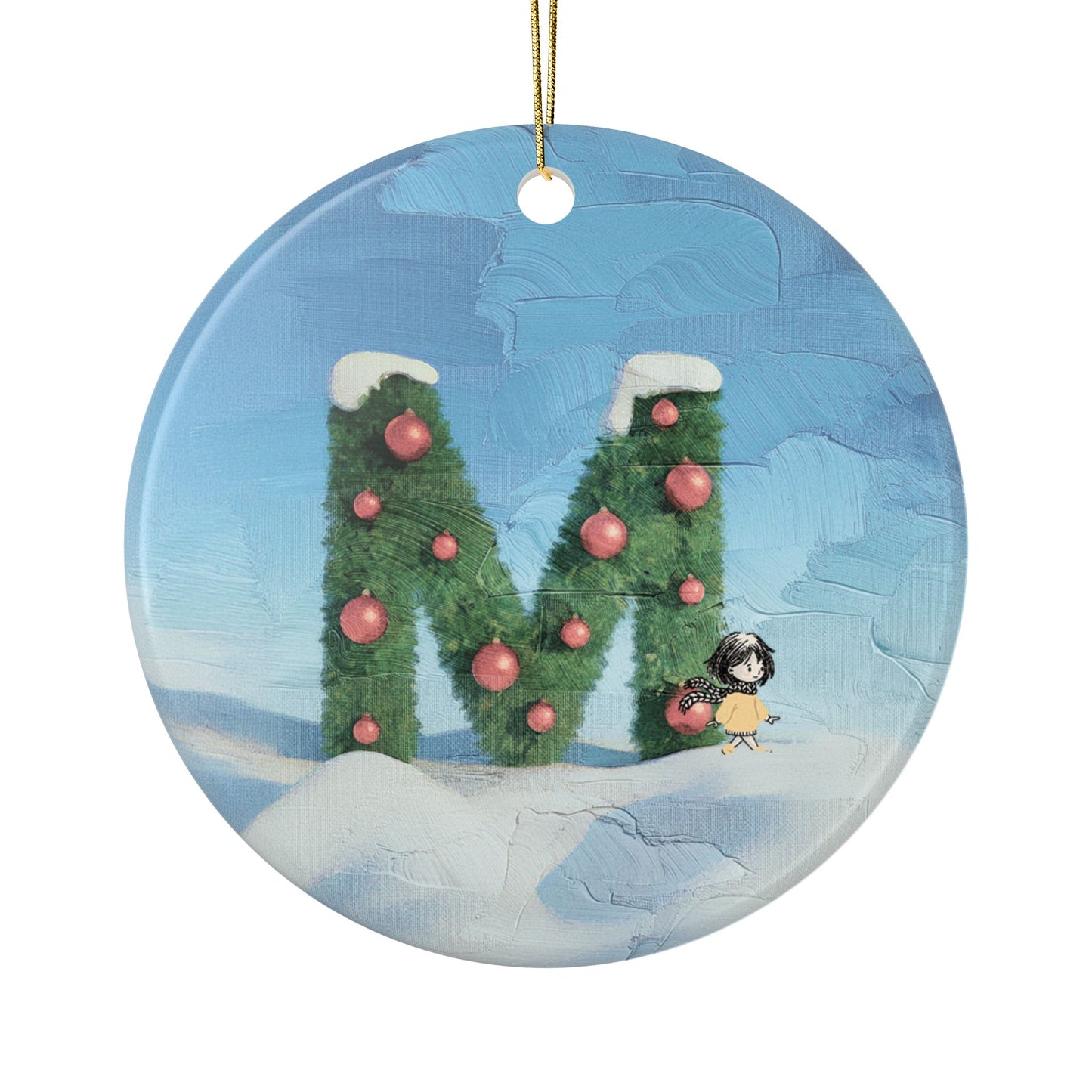 Yellow Jacket Girl Monogram Ornament | Ceramic round ornament, two-sided print | Letter M