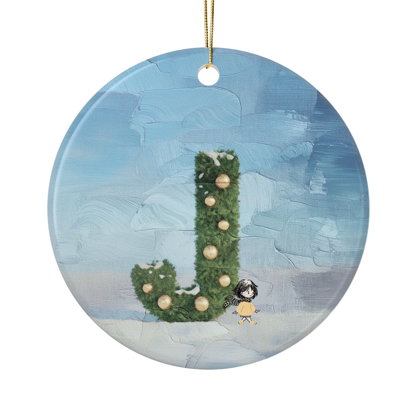 Yellow Jacket Girl Monogram Ornament | Ceramic round ornament, two-sided print | Letter J