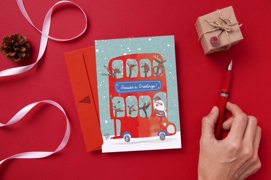 Santa Claus & Reindeer Bus Ride - Personalized Christmas Card