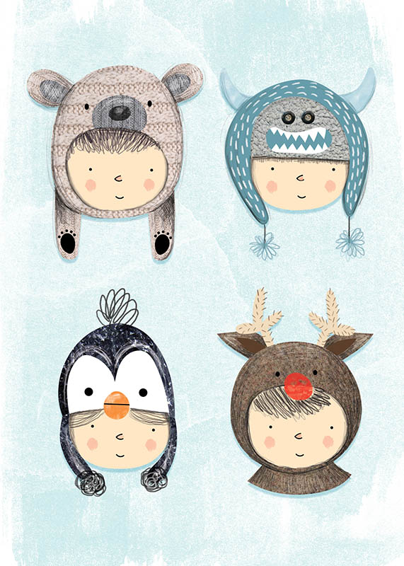 Greeting card featuring adorable winter hats on playful characters, customizable for a personal holiday message.