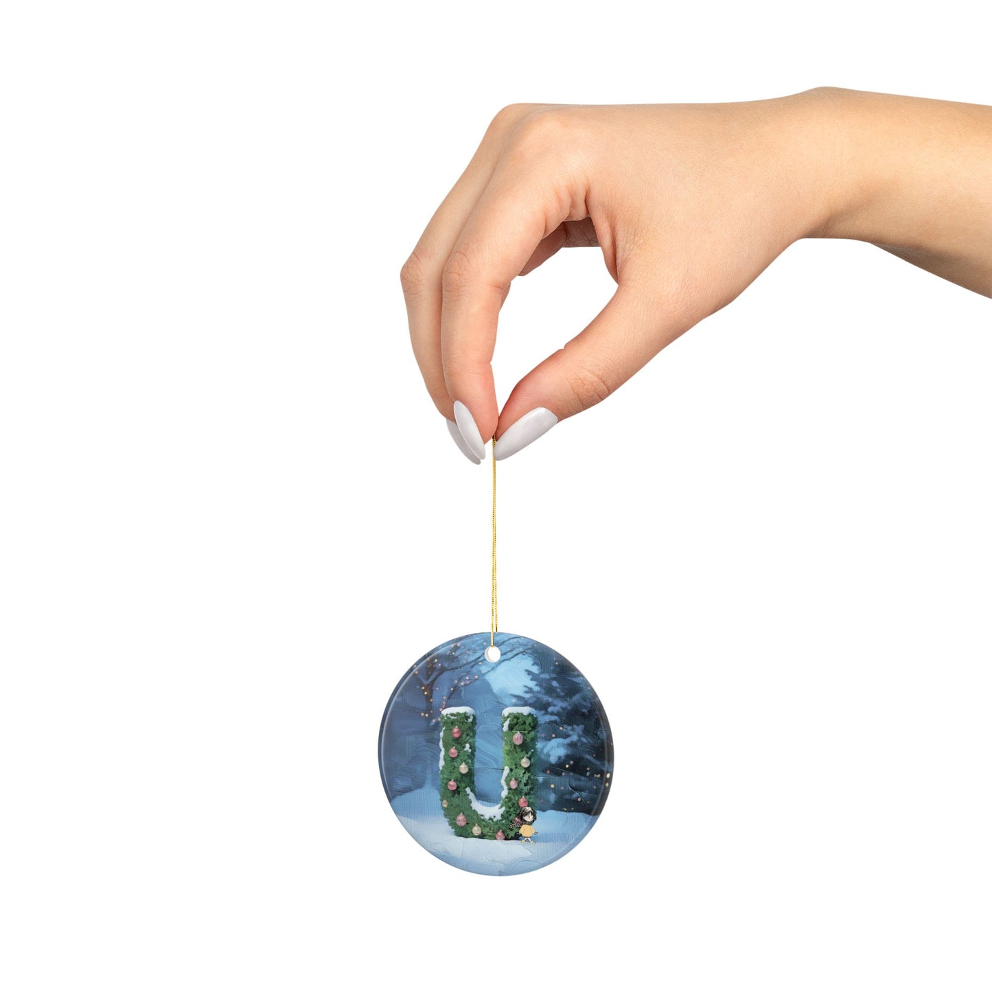 Yellow Jacket Girl Monogram Ornament | Ceramic round ornament, two-sided print | Letter U