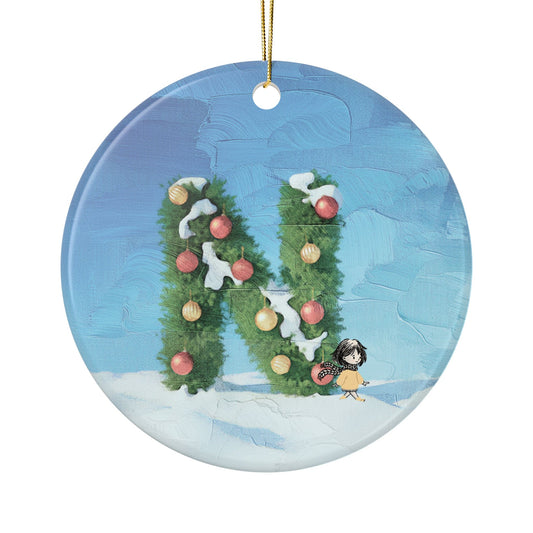 Yellow Jacket Girl Monogram Ornament | Ceramic round ornament, two-sided print | Letter N