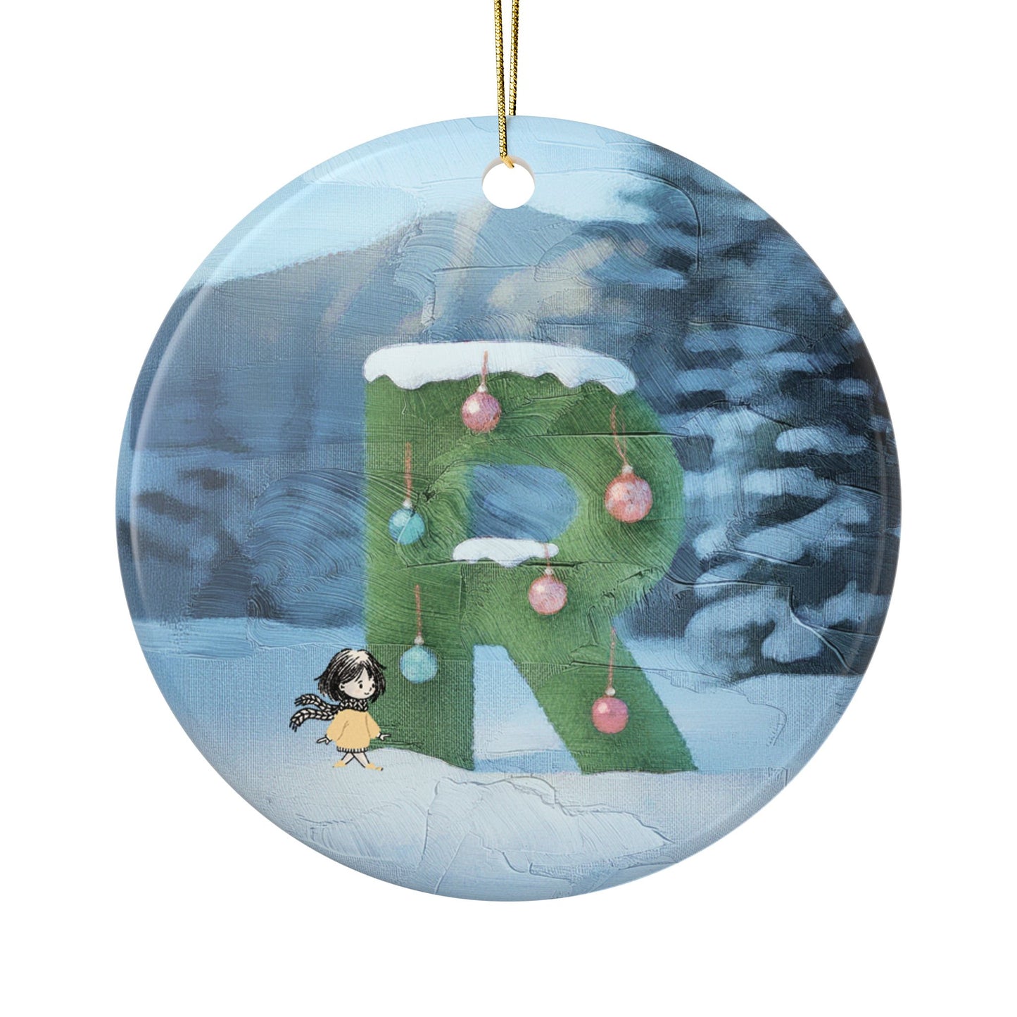 Yellow Jacket Girl Monogram Ornament | Ceramic round ornament, two-sided print | Letter R